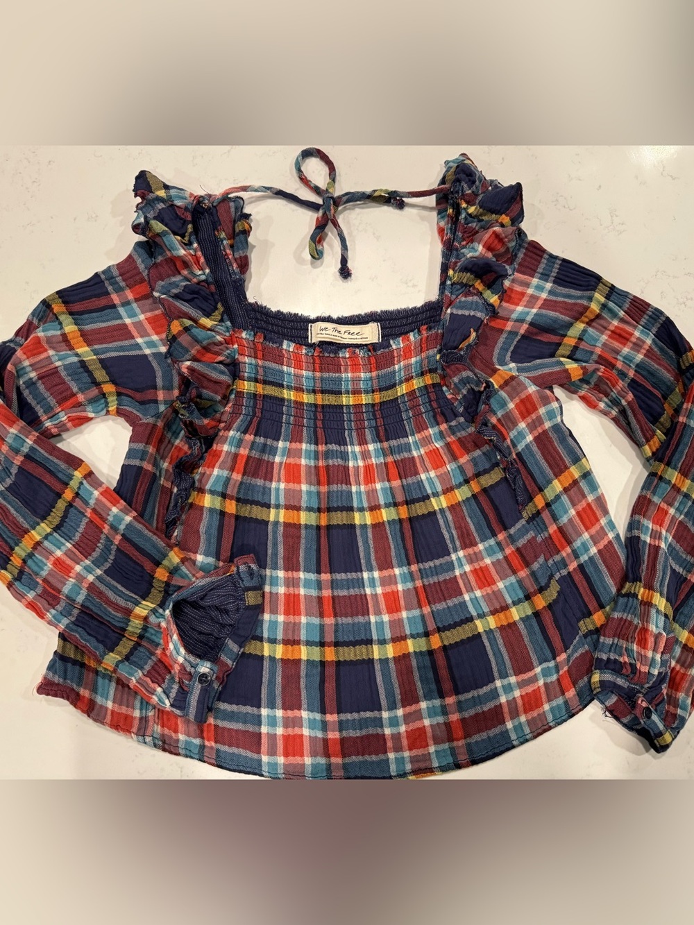 Free People We The Free Plaid Smocked Ruffle Blouse Top Size XS Boho Cottagecore